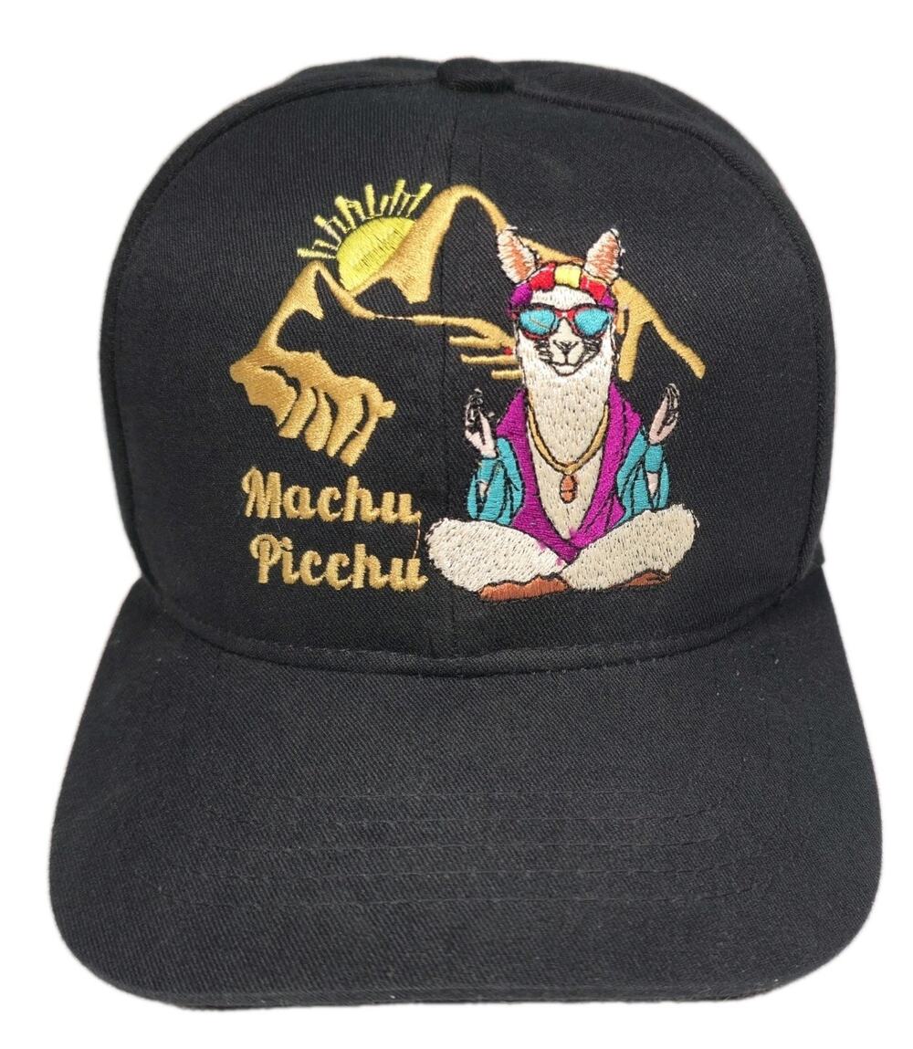 Machu Picchu Embroidered Black Strapback Hat Cap Meditating Llama Whimsical